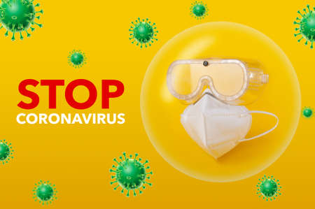 Face mask stopping the coronavirus in a bubbleの写真素材