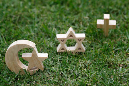 Christianity, Islam, Judaism 3 monotheistic religions. Jewish Star, Cross and Crescent: Interreligious symbols.の写真素材