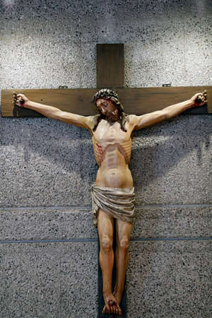The Visitation Monastery. Crucifix. Jesus on the cross. 15 th century. Sculpture. Marclaz. France.のeditorial素材