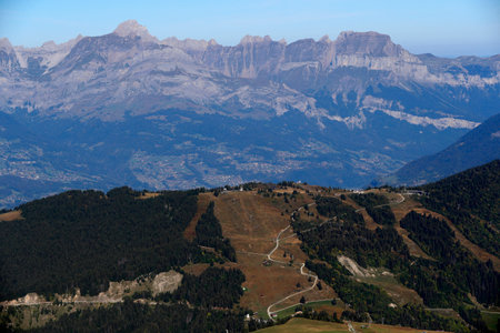 Landscape of the French Alps in summer. Aravis and Fiz mountains. France.の写真素材