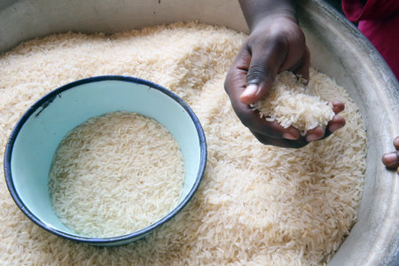 African market. Close up of hands holding rice. Lome. Togo.