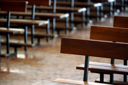 Saint Louis de Novel church. Empty church pews.