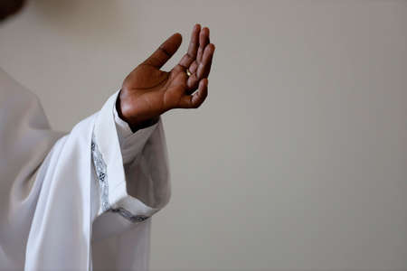 Coronavirus epidemic (covod-19). Celebration of Sunday Mass in a chapel of Saint Joseph des Fins Basilica. Eucharist celebration. Annecy. France.の写真素材