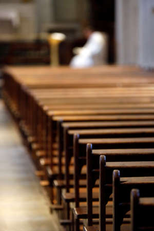 Coronavirus epidemic (COVID-19). Containment measures. Celebration of Ascension Mass in an empty church.の写真素材