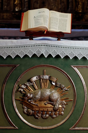 Our Lady of the Assumption of Cordon church. Open bible. New testament. John the Evangelist, the...