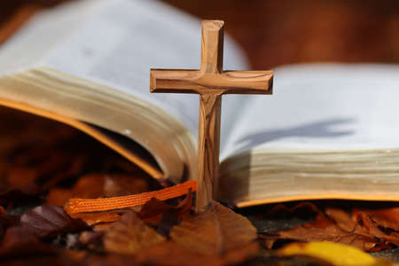 Open bible and christian cross on dry fallen autumn leaves. Faith and spirituality.の写真素材