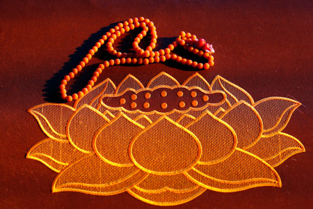 Hong Hien Tu buddhist temple. Zafu cushion. Lotus flower and prayer beads. Frejus. France.