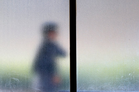 Silhouette of young boy behind a window.