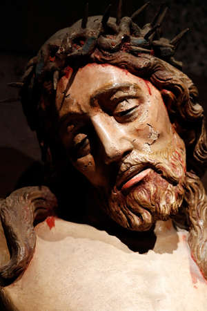 The Visitation Monastery. Crucifix. Jesus on the cross. 15 th century. Sculpture. Marclaz. France.のeditorial素材