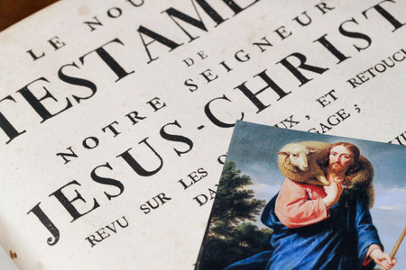 Old Bible in french. 18 th century. NewTestament. Holy picture with Jesus. France.のeditorial素材