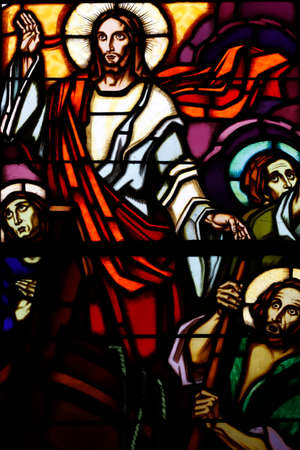 St Claude la Colombiere chapel. Stained glass window. Jesus Calms the Storm. Paray le Monial. France.のeditorial素材