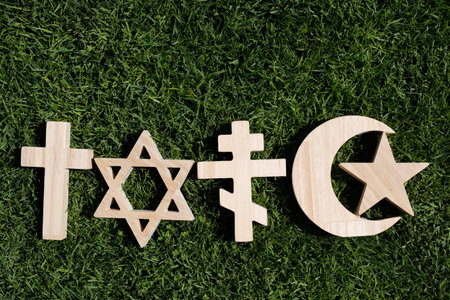 Christianity, Islam, Judaism 3 monotheistic religions. Jewish Star, Christian and Orthodox crosses and Crescent and star: Interreligious or interfaith symbols.の写真素材