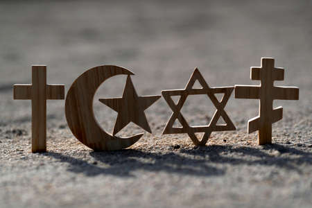 Christianity, Islam, Judaism 3 monotheistic religions. Jewish Star, Christian and Orthodox crosses and Crescent and star: Interreligious or interfaith symbols.の写真素材