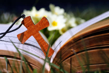 Christian cross, bible on the grass with primroses at springtime.の写真素材