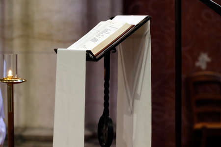 Saint Francois de Sales basilica. Catholic masss. Open Gospel book. Thonon. France.の写真素材