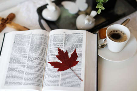 Open holy bible and cup of coffee. Religion at home. Faith and spirituality.の写真素材