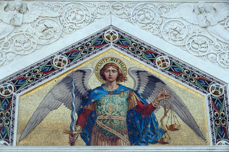Mosaic of Saint Michael on the facade of Saint Spyridon Orthodox Church.  Trieste.  Italy.の写真素材