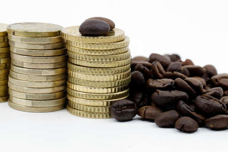Coffee beans and money. Fair Trade. Sale of coffee. Commodity trade. Fresh coffee beans.の写真素材