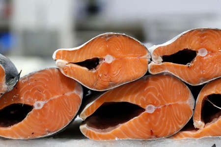 Fresh fish on sale at the Dubai Fish market. Fresh salmon. United Arab Emirates.の写真素材