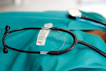 African hospital. Operating theater. Doctor with stethoscope. Benign.の写真素材