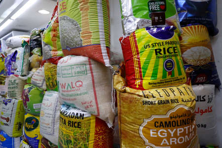 Sacks of rice. Souk market. Dubai. United Arab Emirates.のeditorial素材