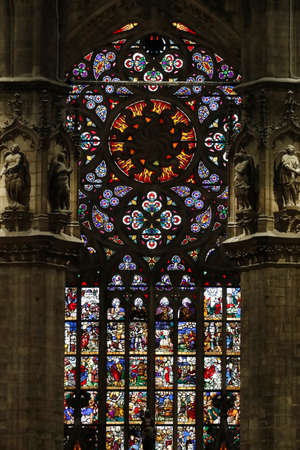 Milan Cathedral. Stained glass window. Choir. Italy.のeditorial素材