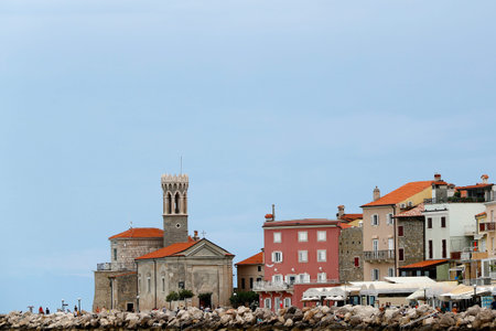 Church of St Clement and buildings. Piran. Slovenia.のeditorial素材