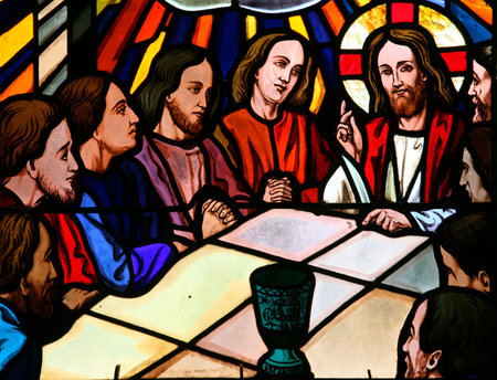 Stained glass window. Last Supper. France.の写真素材