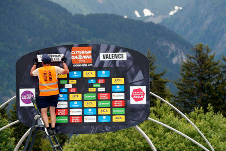 Criterium of Dauphine Libere cycling race 2018. The official podium. Saint Gervais Mont Blanc. France.のeditorial素材