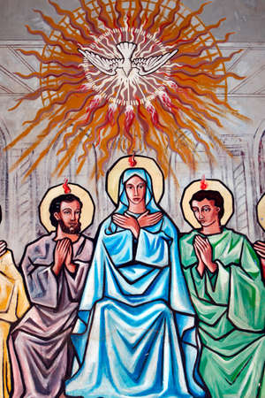 Painting in Our Lady of Togo church: Holy Spirit, Virgin Mary & disciples. Togo.のeditorial素材