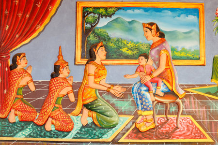 Preah Prom Rath Monastery. Life of the Buddha. Buddha's mother introducing him to his minder. Cambodia.の写真素材