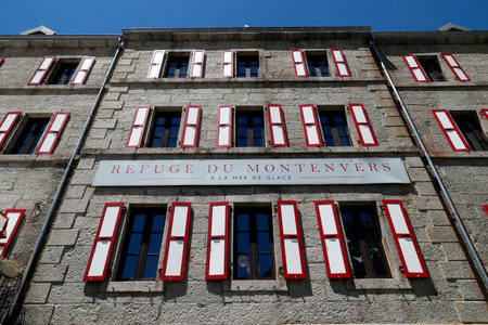 French Alps. Mont Blanc massif. The Montenvers Hotel Restaurant at 1913 meters. Chamonix. France.のeditorial素材