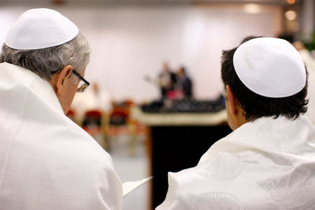 Bar mitzvah celebration in a synagogue. France.の写真素材