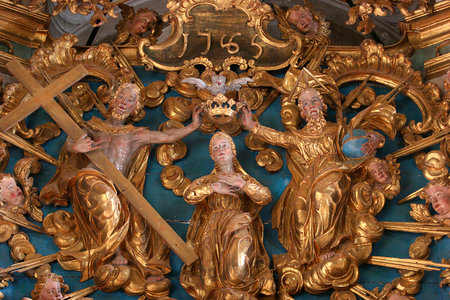Virgin Mary's coronation. Jesus and God. Sculptures. Italy.