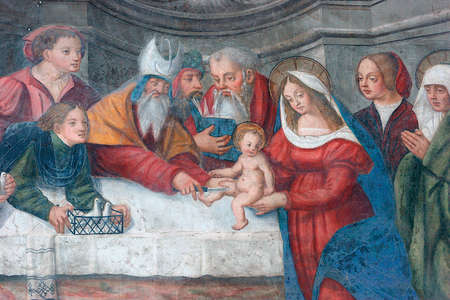 Jesus at the temple fresco on Saint Mary's cathedral door. France.のeditorial素材