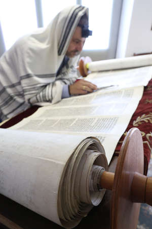 Reading the Torah in a synagogue. France.のeditorial素材