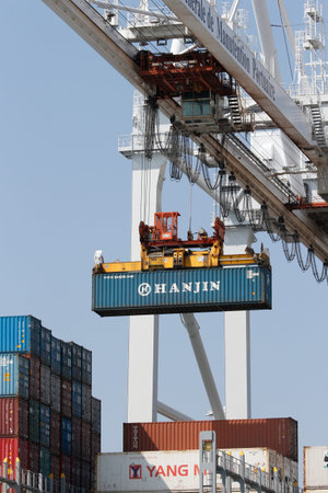 Le Havre Harbour. container terminal. Unloading a ship. France.