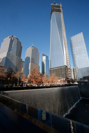 Ground zero. The National 9/11 Memorial at the site of the World Trade Center in Lower Manhattan....