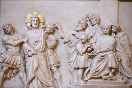 Basilica Notre-Dame of Geneva. The passion of Jesus Christ. Firts station. Jesus is condemned to death. Geneva. Switzerland.のeditorial素材
