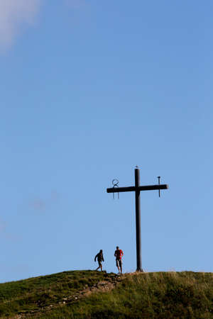 Shrine of Our Lady of La Salette. Catholic cross and pilgrims. France.のeditorial素材