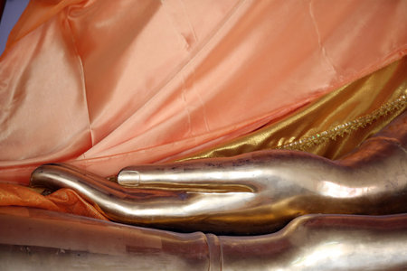Golden Buddha Statue. Hand of the Buddha, close-up. Wat Pho (Temple Of The Reclining Buddha), Bangkok. Thailand.のeditorial素材