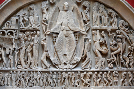 National Museum of French Monuments. Saint Lazare cathedral, Autun. Western facade. The Last Judgment. Cast. France.のeditorial素材