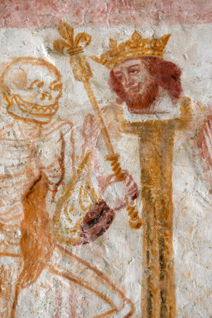 La Ferte Loupiere church. Wall. Dance of Death. 15th century. France.のeditorial素材