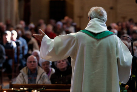 Saint-Jacques church. Catholic mass. Liturgy of the Word. Homely. Sallanches. France.のeditorial素材