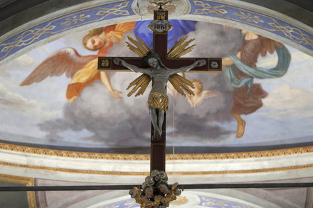 Saint-Grat church. Ceiling painting. Christ on his cross. Valgrisenche. Italy.のeditorial素材