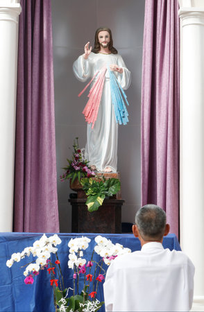 Church of the Sacred Heart of Jesus (Nha Tho Tan Dinh). Merciful Jesus, I trust in you statue. Ho Chi Minh City. Vietnam.のeditorial素材