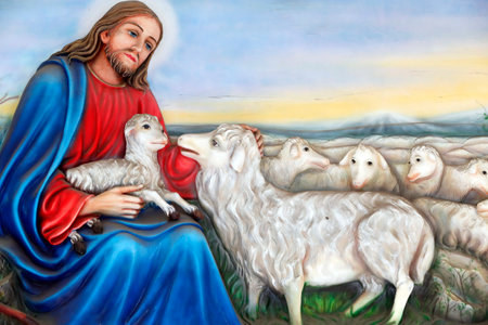Franciscan missionaries of Mary church. Jesus, the good shepherd. Painting. Ho Chi Minh City. Vietnam.のeditorial素材