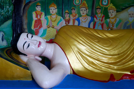 Sung Hung pagoda. Reclining Buddha statue. After 45 years of teaching the Dharma, the Buddha passed into Parinirvana. Phu Quoc. Vietnam.のeditorial素材