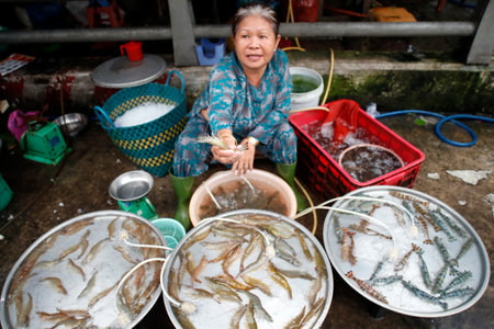 Street market. Woman selling shrimps. Ho Chi Minh City. Vietnam.のeditorial素材