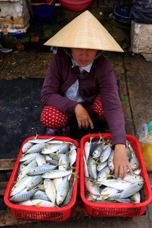 Morning market in Duong Dong town. Woman selling fresh fish. Phu Quoc. Vietnam.のeditorial素材